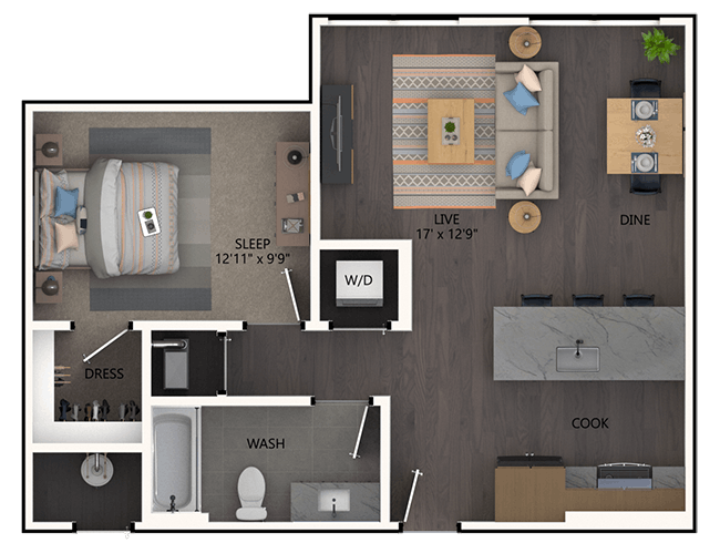 A2a floor plan, 1 Bedroom, 1 Bathroom at AMLI Broadway Park apartments