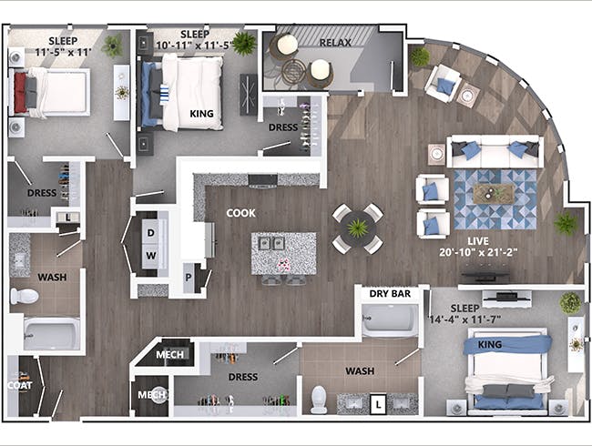 D6 floor plan, 3 Bedroom, 2 Bathroom at AMLI Littleton Village apartments