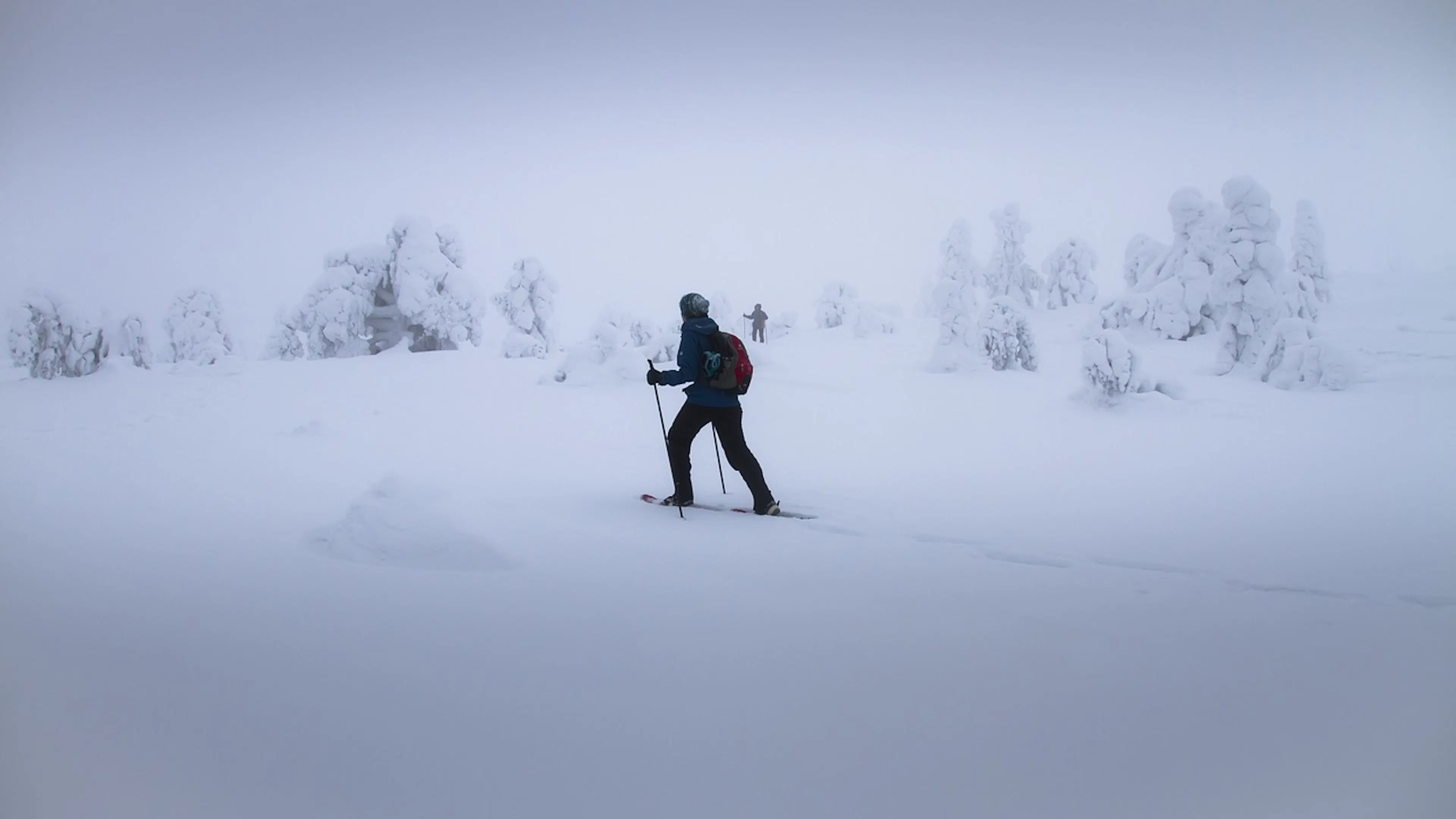 A lone woman wearing snowshoes and holding hiking poles hiking through deep snow in the fog 