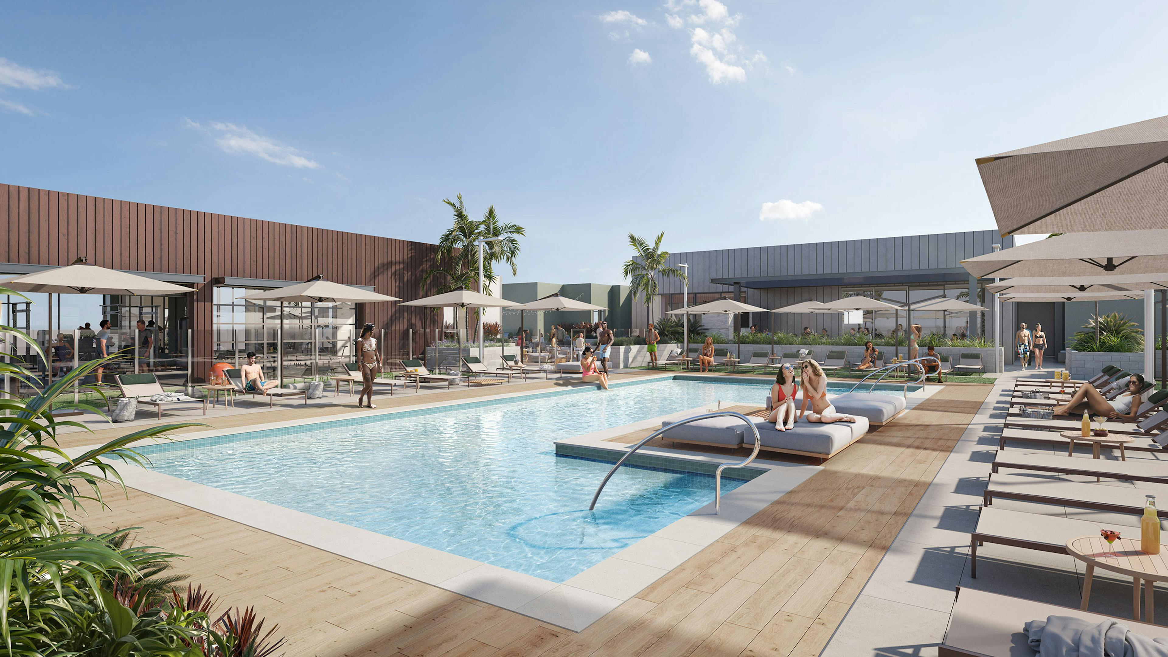 Daytime rendering of AMLI Aero rooftop pool with people laying on shaded lounge chairs and sitting around pool deck 