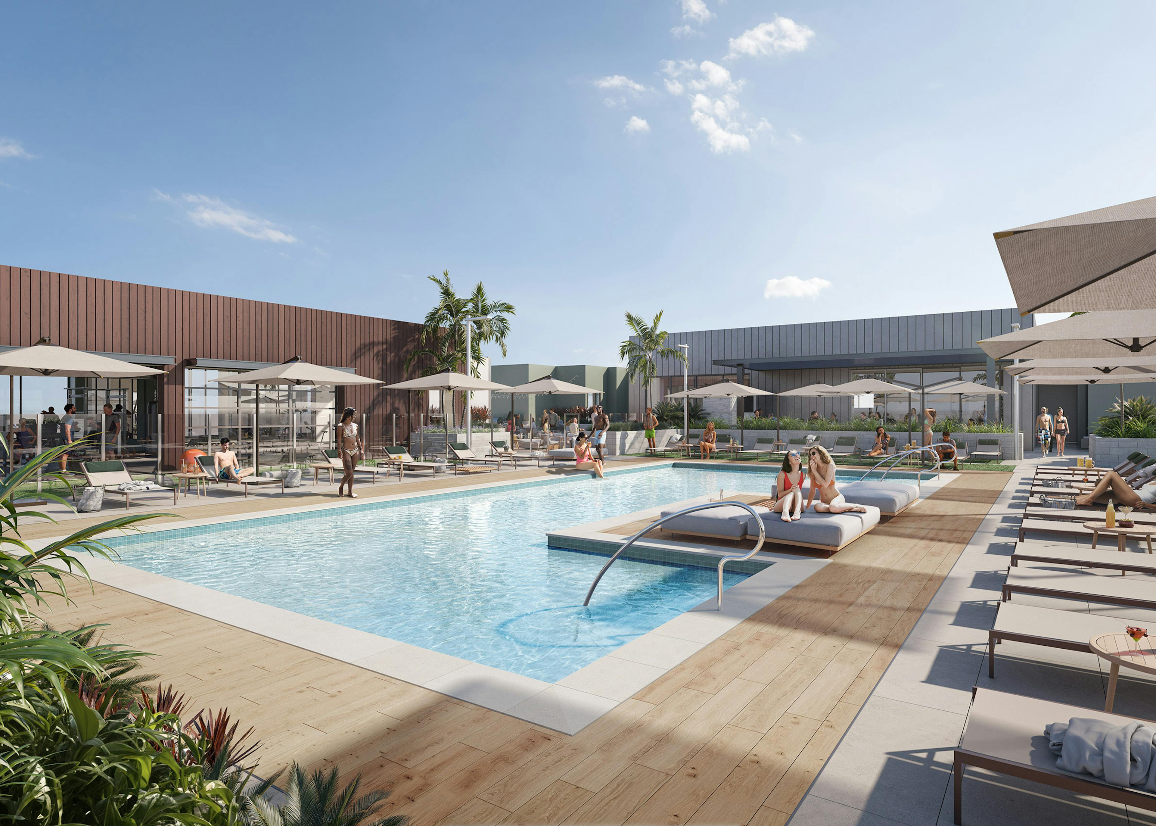 Daytime rendering of AMLI Aero rooftop pool with people laying on shaded lounge chairs and sitting around pool deck 