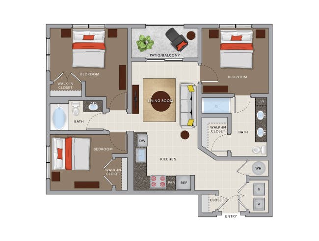 D2a floor plan, 3 Bedroom, 2 Bathroom at AMLI 8800 apartments