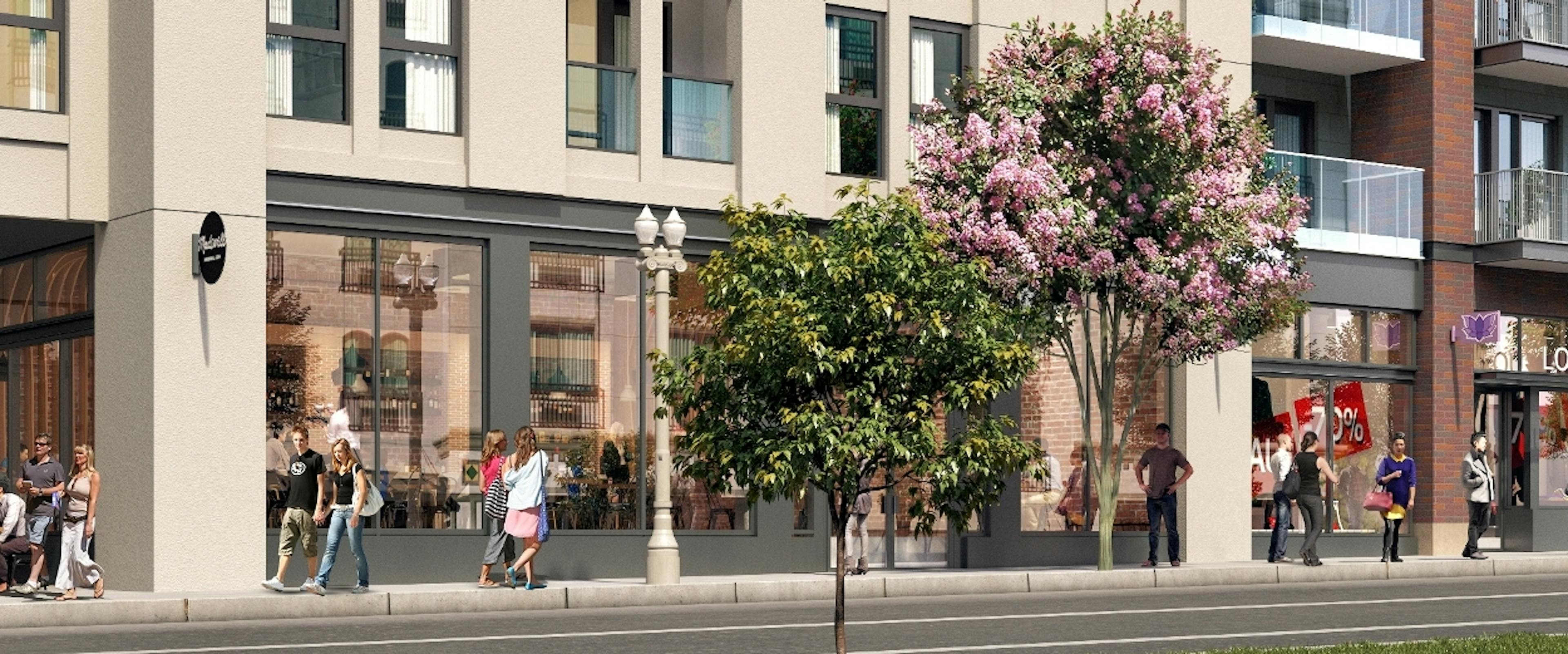 Rendering of retail windows along a sidewalk with trees at AMLI Old Pasadena