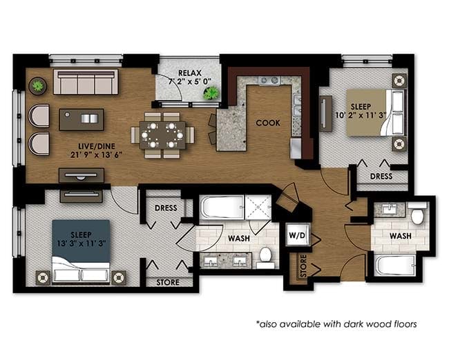 C500 floor plan, 2 Bedroom, 2 Bathroom at AMLI River North apartments