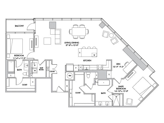 C12a-D floor plan, 2 Bedroom, 2 Bathroom, Den/Office at AMLI Fountain Place apartments