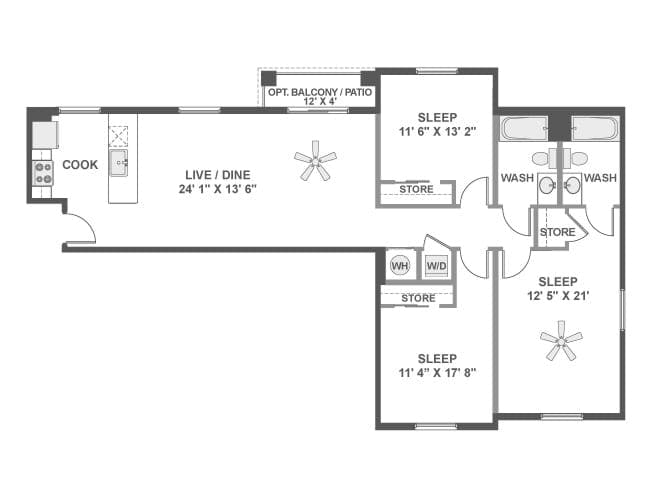 D4 floor plan, 3 Bedroom, 2 Bathroom at AMLI Dadeland apartments
