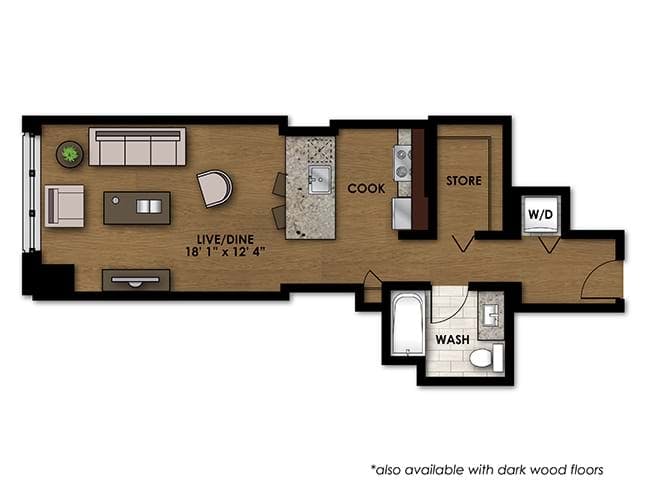 E130 floor plan, Studio, 1 Bathroom at AMLI River North apartments