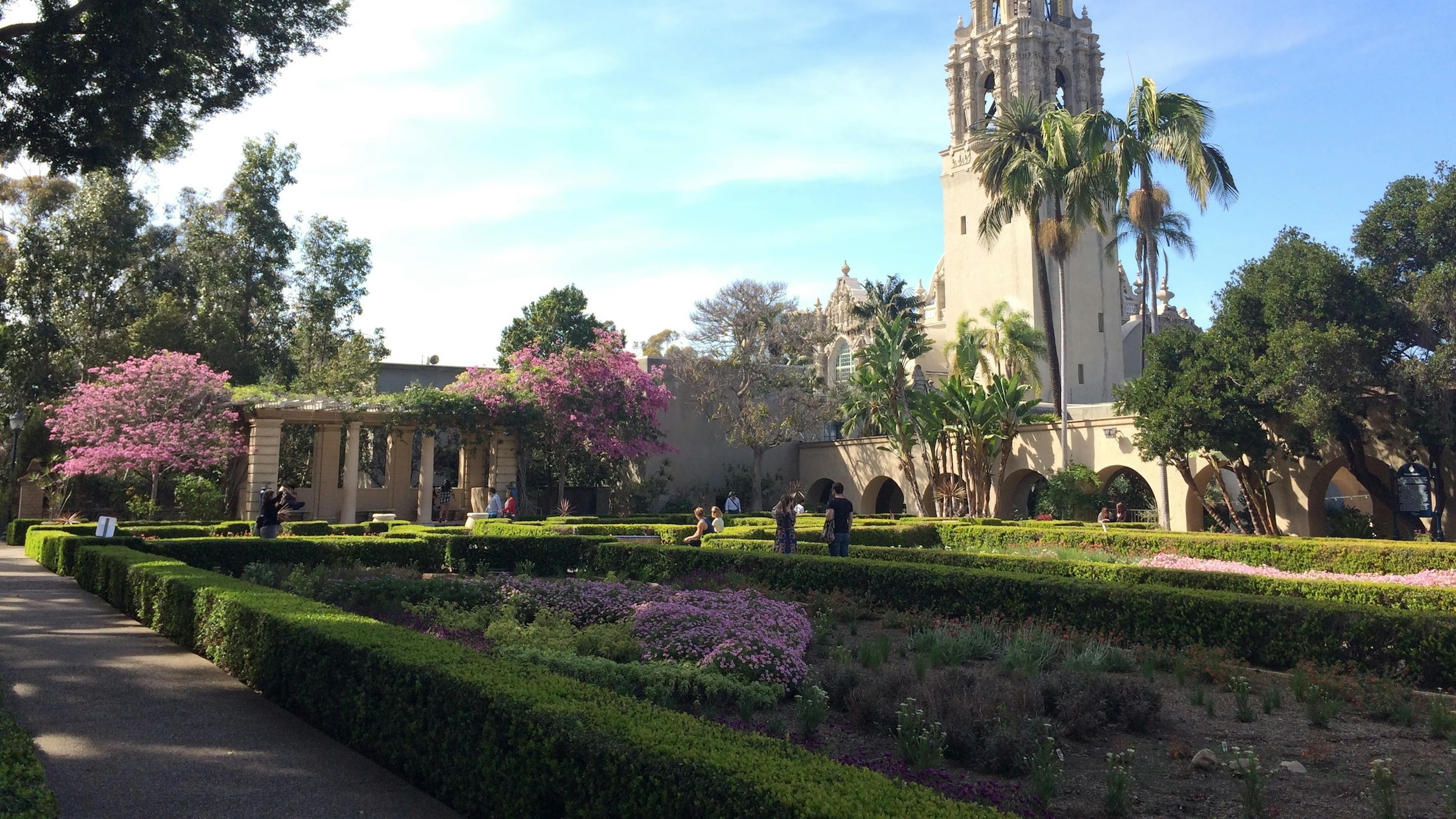 Daytime view of Balboa Park with green hedges, trees, walking path, and the California Tower visible.