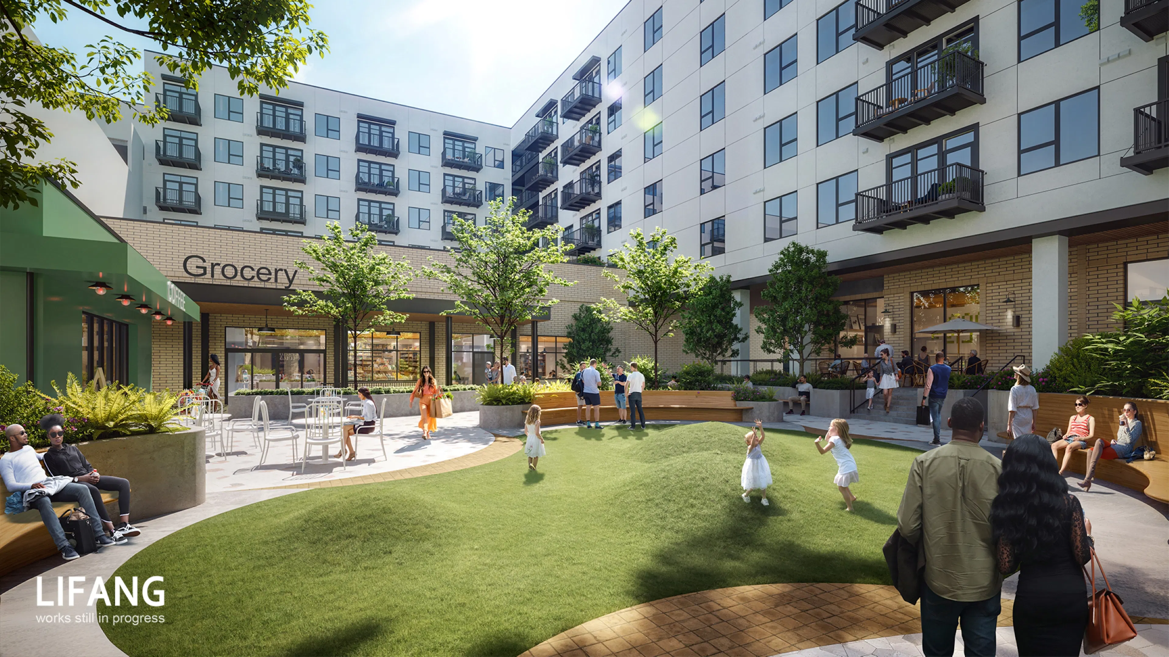 AMLI Market Square courtyard rendering featuring lush green lawn space, outdoor seating, and ground-floor grocery retail.