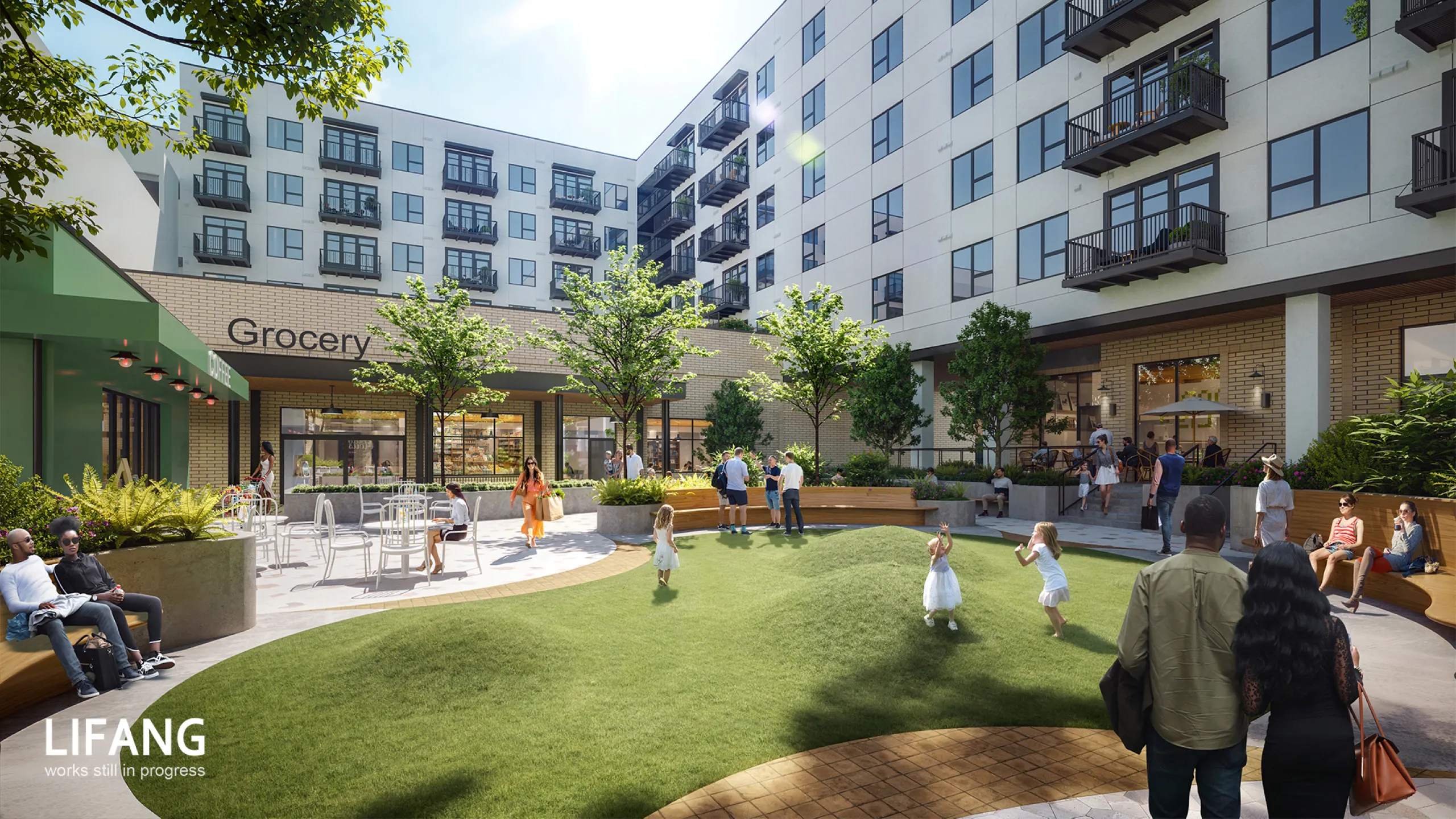AMLI Market Square courtyard rendering featuring lush green lawn space, outdoor seating, and ground-floor grocery retail.