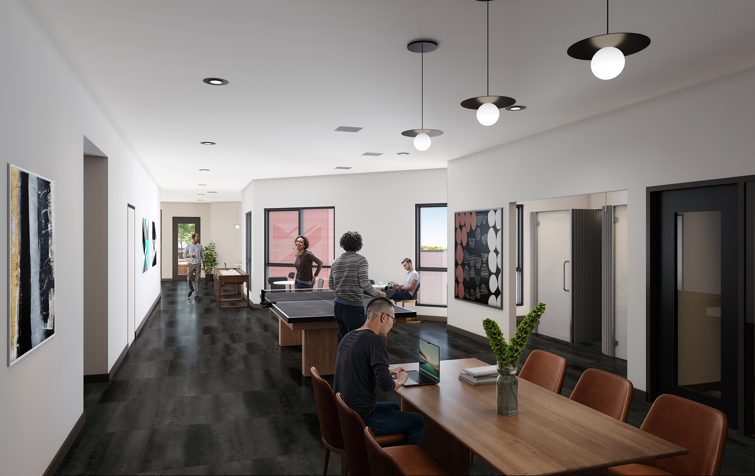 Rendering of AMLI Redmond Way Overlook Club amenity with a tennis table in the center and working from home areas around it including offices.