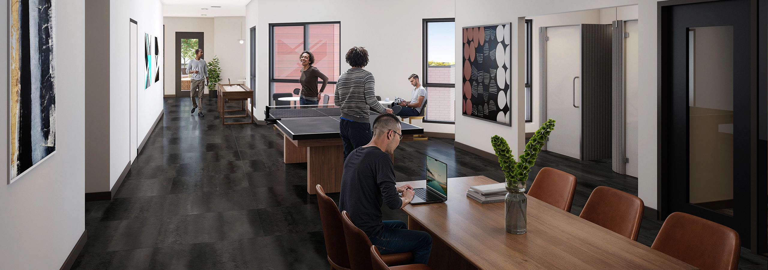 Rendering of AMLI Redmond Way Overlook Club amenity with a tennis table in the center and working from home areas around it including offices.