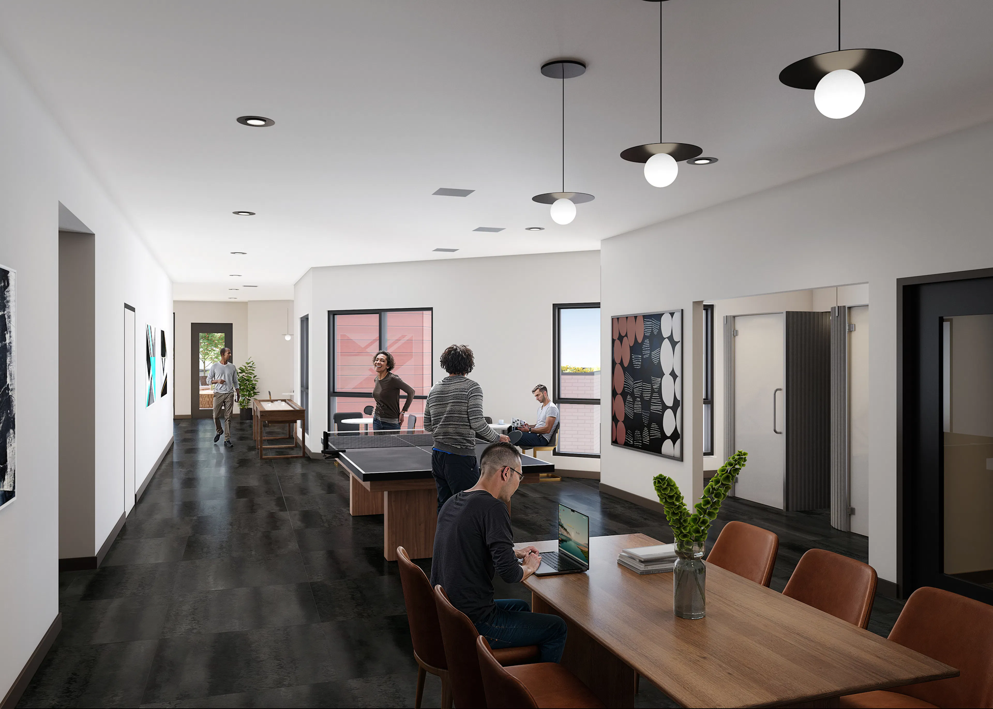 Rendering of AMLI Redmond Way Overlook Club amenity with a tennis table in the center and working from home areas around it including offices.