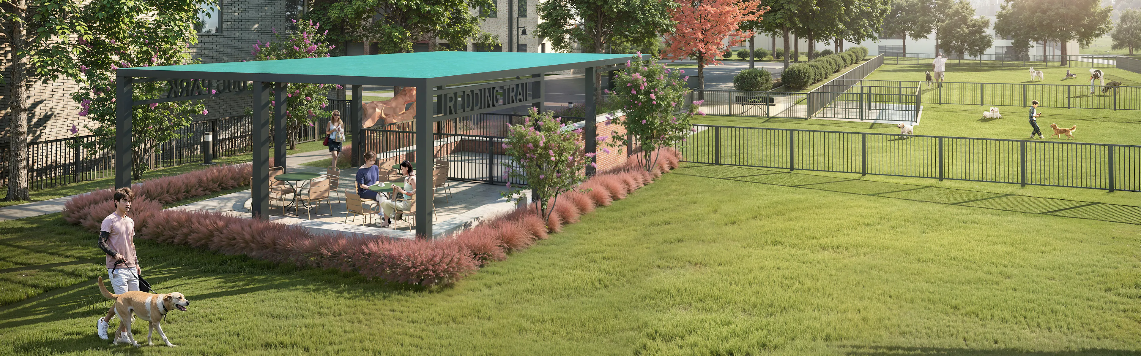 Rendering of small and large dog parks at AMLI Treehouse with large cabana with tables and chairs and people outside with their dogs