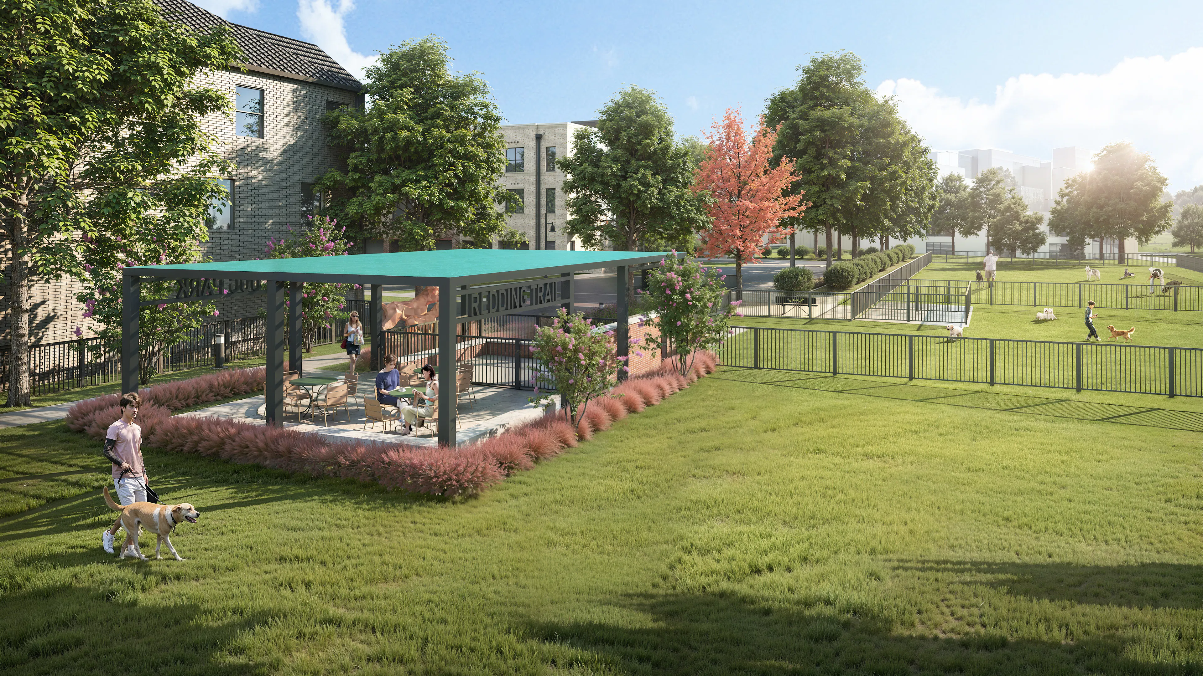 Rendering of small and large dog parks at AMLI Treehouse with large cabana with tables and chairs and people outside with their dogs