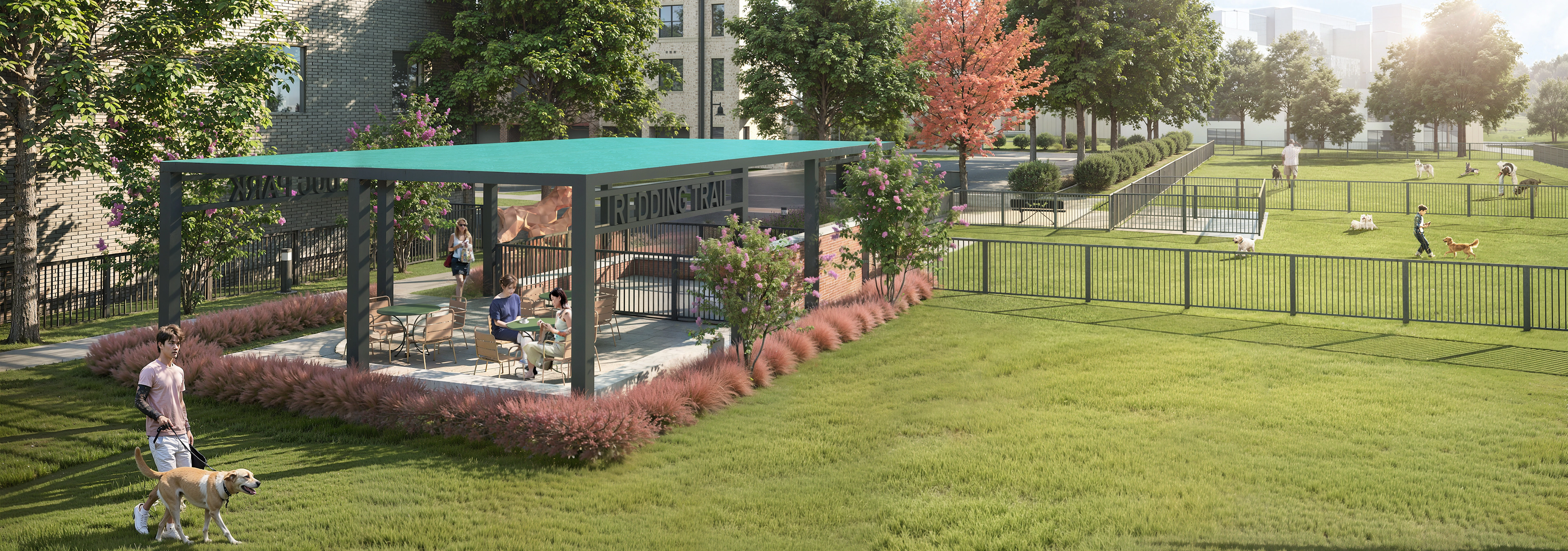 Rendering of small and large dog parks at AMLI Treehouse with large cabana with tables and chairs and people outside with their dogs
