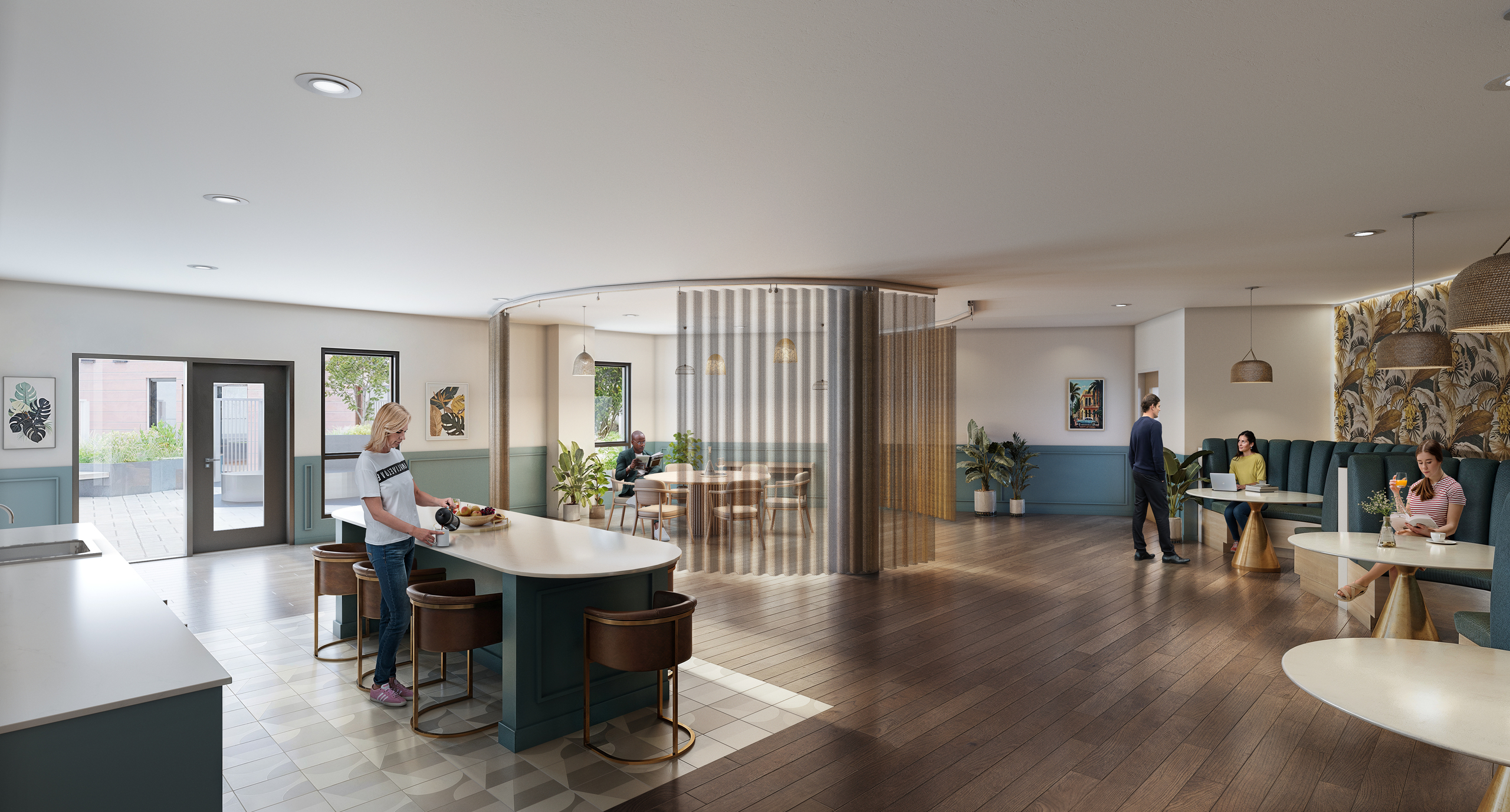 Rendering of AMLI Redmond Way Havana Lounge featuring a large kitchen island and plush seating booths with a colorful wallpaper.