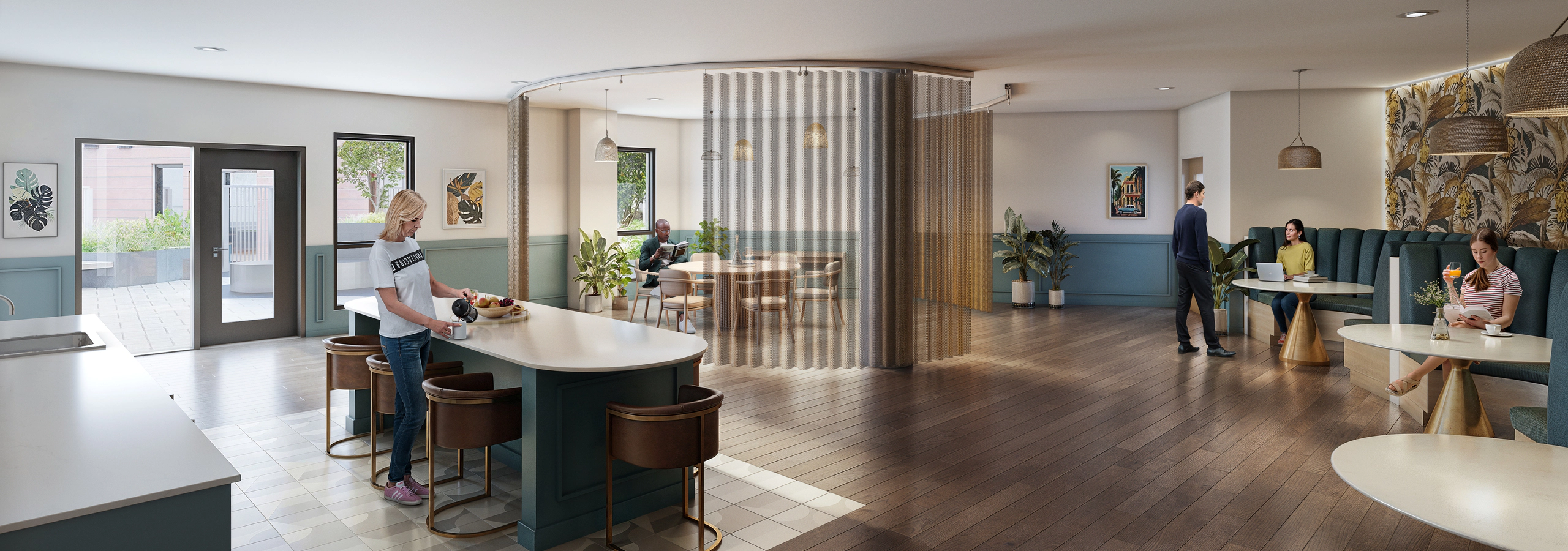 Rendering of AMLI Redmond Way Havana Lounge featuring a large kitchen island and plush seating booths with a colorful wallpaper.