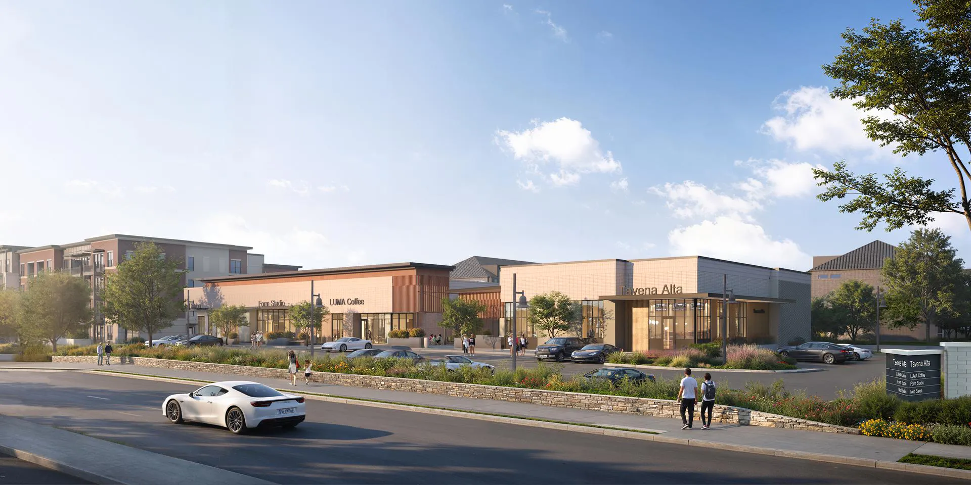 An rendered exterior view of AMLI Treehouse's future retail storefronts, seen from across the street on a sunny day