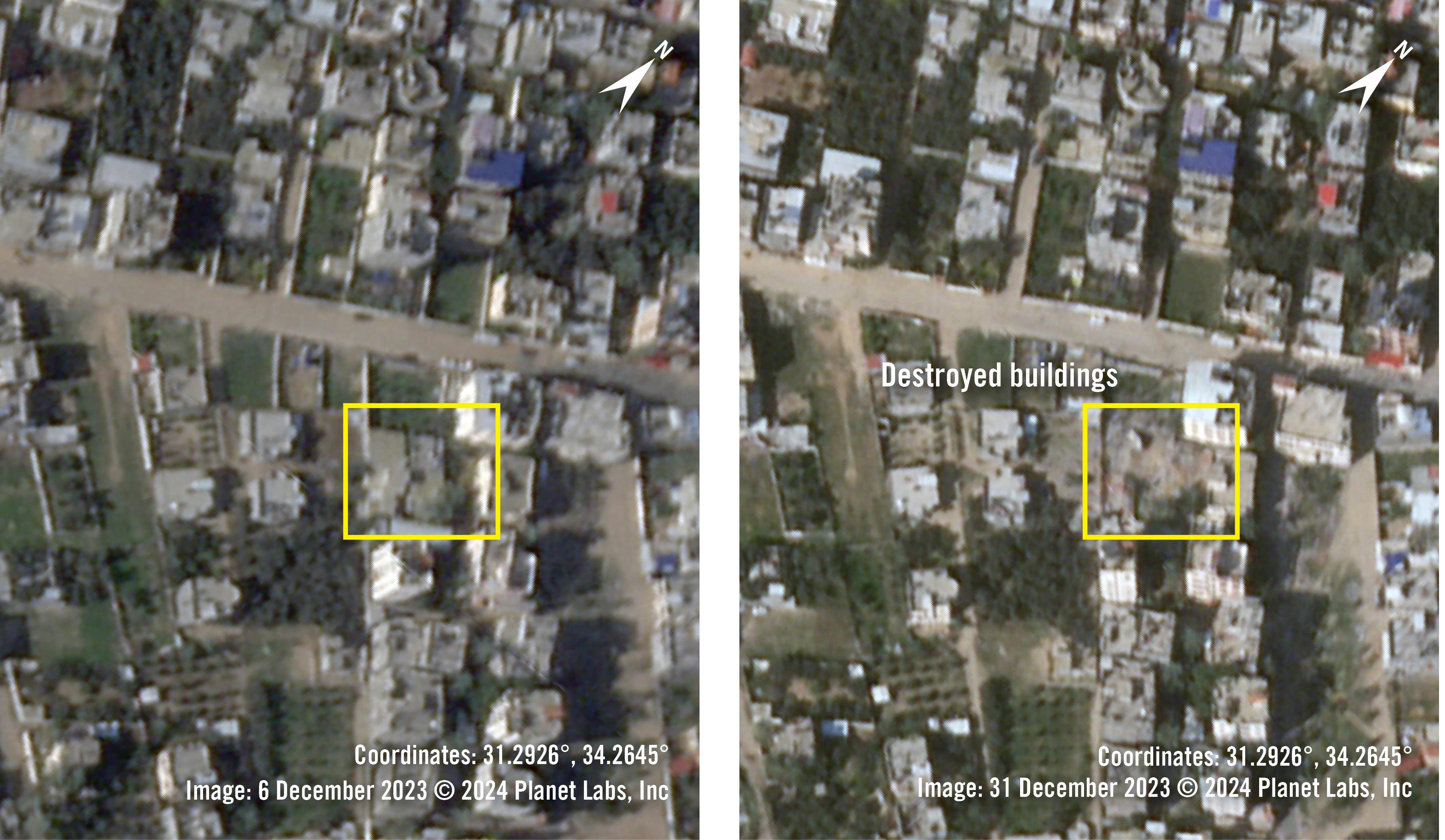 images satellite avant/après la frappe israélienne qui a touché la famille Harb le 12 décembre dans le quartier d'Al Zuhour à Rafah, dans le sud de la bande de Gaza