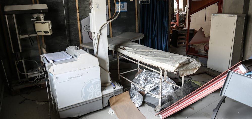  Medical equipment are damaged after Russian warplanes hit residential areas in Idlib, a de-escalation zone in northwestern Syria on January 30, 2020. The Russian bombing target various areas, including a hospital and a bakery, in Ariha district, south of Idlib.