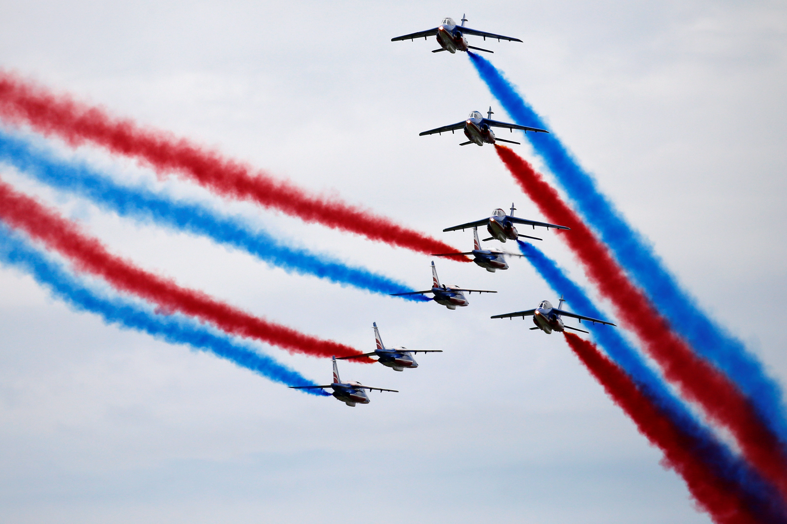 French Air Force Patrouille de France Team performs at the 53rd International Paris Air Show at Le Bourget Airport near Paris