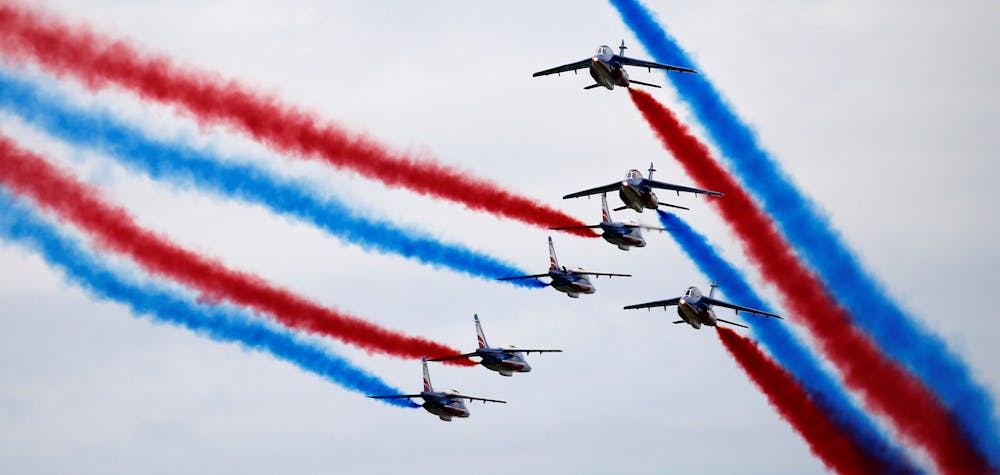 French Air Force Patrouille de France Team performs at the 53rd International Paris Air Show at Le Bourget Airport near Paris