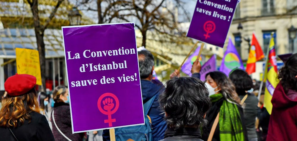 Rally in support of Turkish women after Turkey's government abandons the Istanbul Convention, in Paris, France, on March 27, 2021. Turkey withdraws from the Istanbul Convention, a very advanced convention in the condemnation of violence against women. Photo by Karim Ait Adjedjou/Avenir Pictures/ABACAPRESS.COM