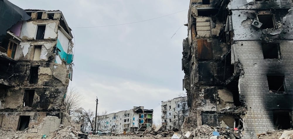   Ukraine High Level Mission, April 2022. Buildings 429 and 429A which were bombed on the 1st of March 2022 in Borodyanka. 