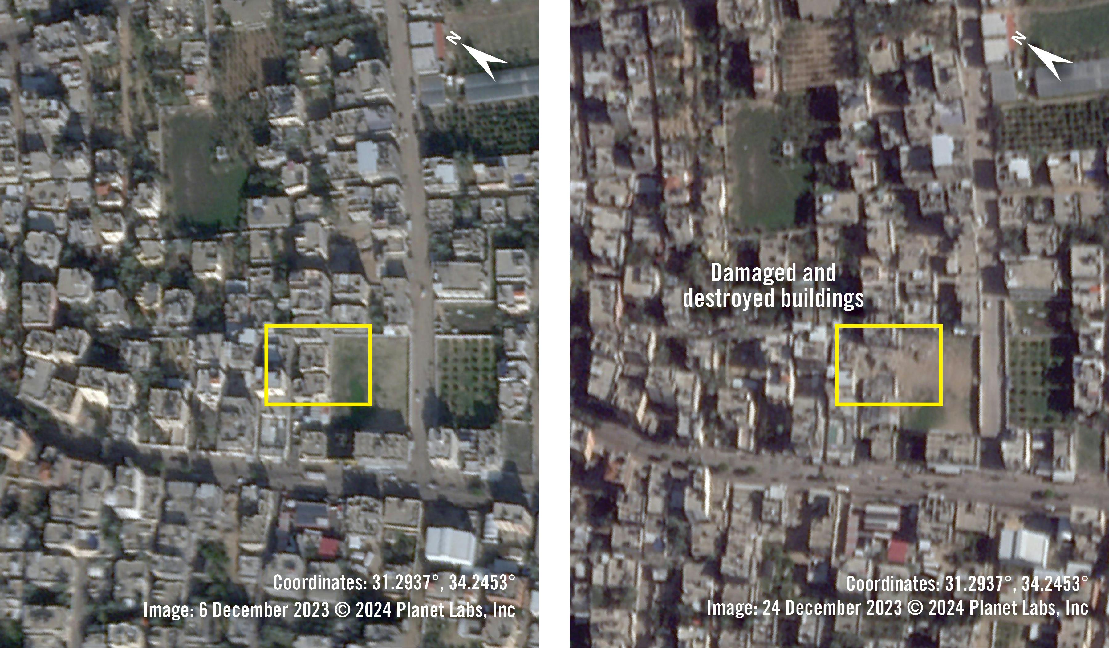 images satellite avant/après la frappe israélienne qui a touché la famille Zurub le 19 décembre dans l'ouest de Rafah, chef-lieu du sud de la bande de Gaza
