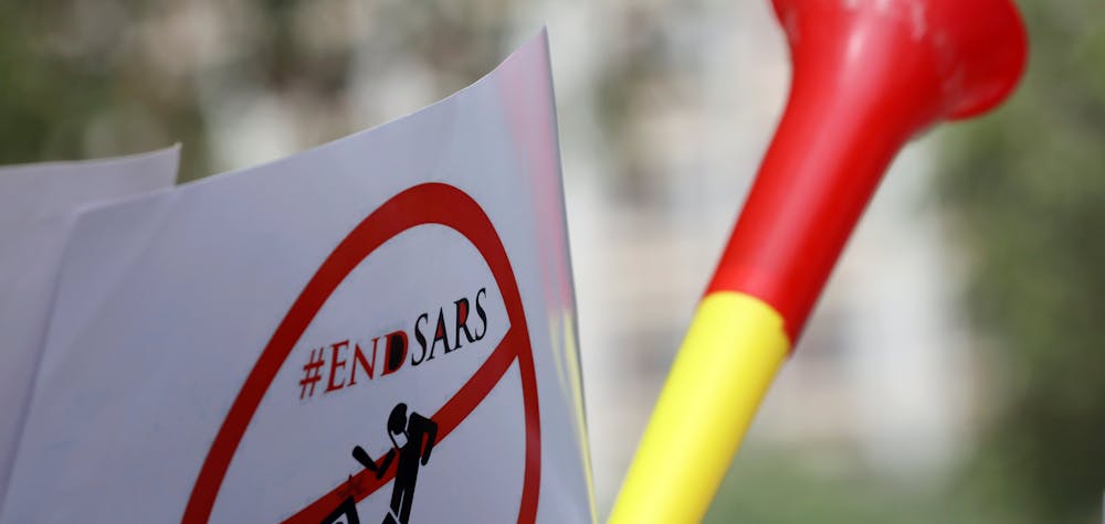 A banner with #ENDSARS is seen displayed during a rally to stop the Special Anti-Robbery Squad (SARS), in Abuja, Nigeria December 11, 2017. REUTERS/Afolabi Sotunde