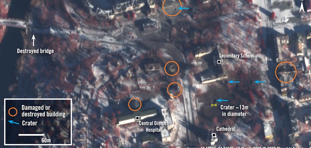 Satellite Image showing areas with significant damage and destruction from the Russian attack on the town of Isium, Ukraine, 12 March 2022.  © 2022 Planet Labs Inc.   Civilians in Izium in Kharkiv Region in eastern Ukraine have been under constant siege since 28 February, and warned that diminishing food and water supplies have left them at breaking point, as remaining civilians hide in their basements.