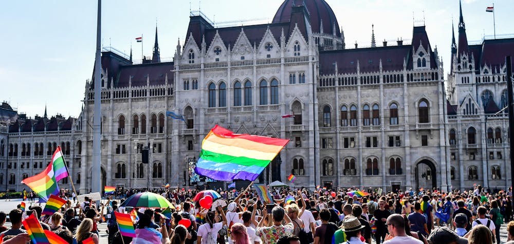 People march to the parliament building during the lesbian, gay, bisexual and transgender (LGBT) Pride Parade in Budapest, Hungary on July 7, 2018. GERGELY BESENYEI / AFP