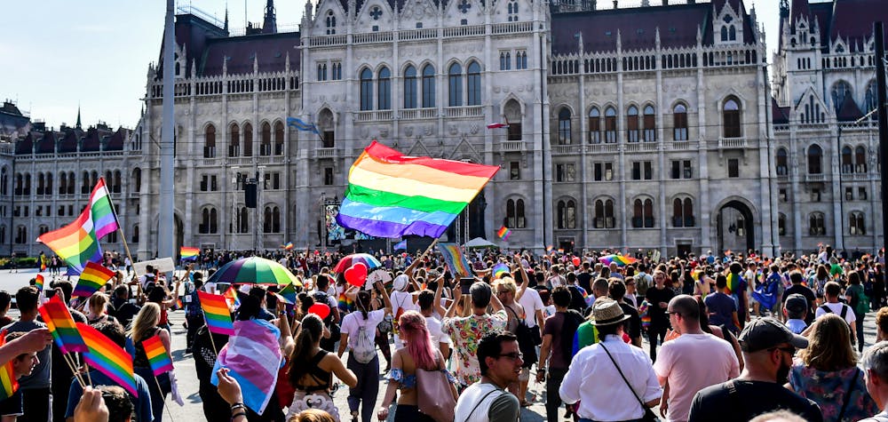People march to the parliament building during the lesbian, gay, bisexual and transgender (LGBT) Pride Parade in Budapest, Hungary on July 7, 2018.