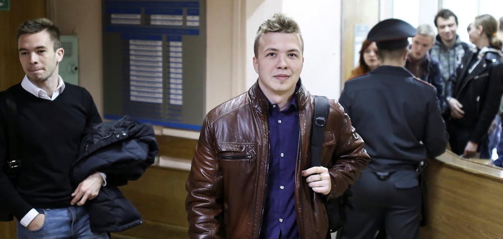FILE PHOTO: Opposition blogger and activist Roman Protasevich, who is accused of participating in an unsanctioned protest at the Kuropaty preserve, arrives for a court hearing in Minsk, Belarus April 10, 2017. REUTERS/Stringer