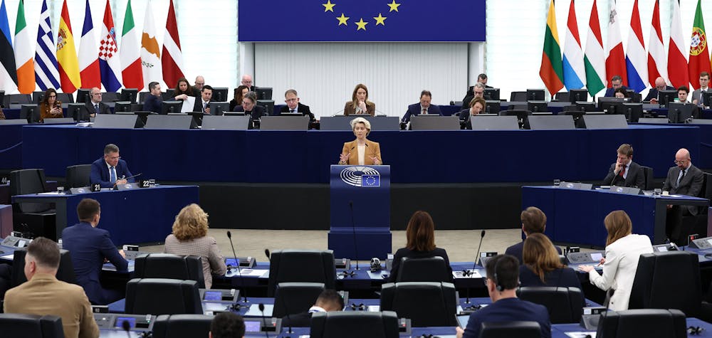 STRASBOURG 6/02 2024 : La présidente de la Commission européenne, Ursula von der Leyen, s'exprime lors d'un débat sur les résultats des derniers sommets de l'UE, dans le cadre d'une session plénière au Parlement européen à Strasbourg, dans l'est de la France.