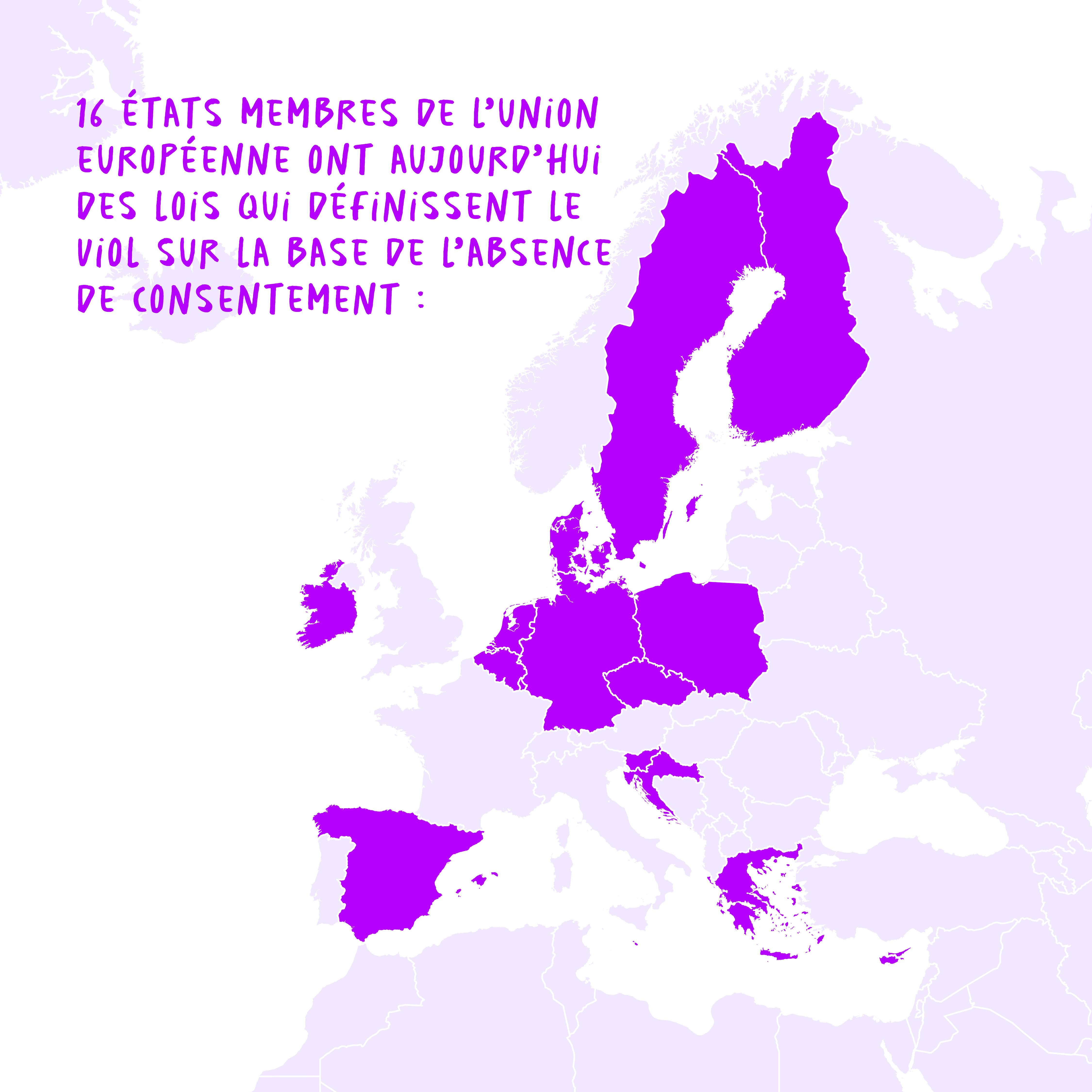 Cartes des pays membres de l'Union européenne ayant adopté des lois qui définissent le viol sur la base du consentement