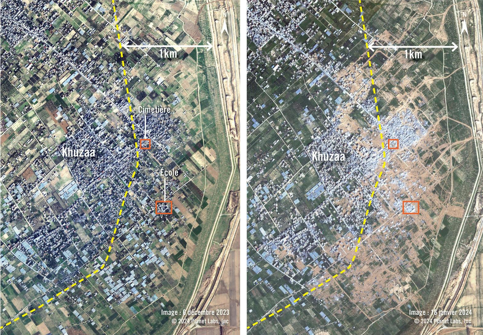 Des images satellites du 6 décembre 2023 et du 16 janvier 2024 montrent la destruction des terres et des structures à Khuzaa. La zone située à moins d’un kilomètre de la barrière de séparation – représentée par une ligne en pointillés jaune – a fait l’objet de destructions intenses, presque toutes les structures ayant été rasées. À certains endroits, la destruction se poursuit au-delà de la zone d’un kilomètre.