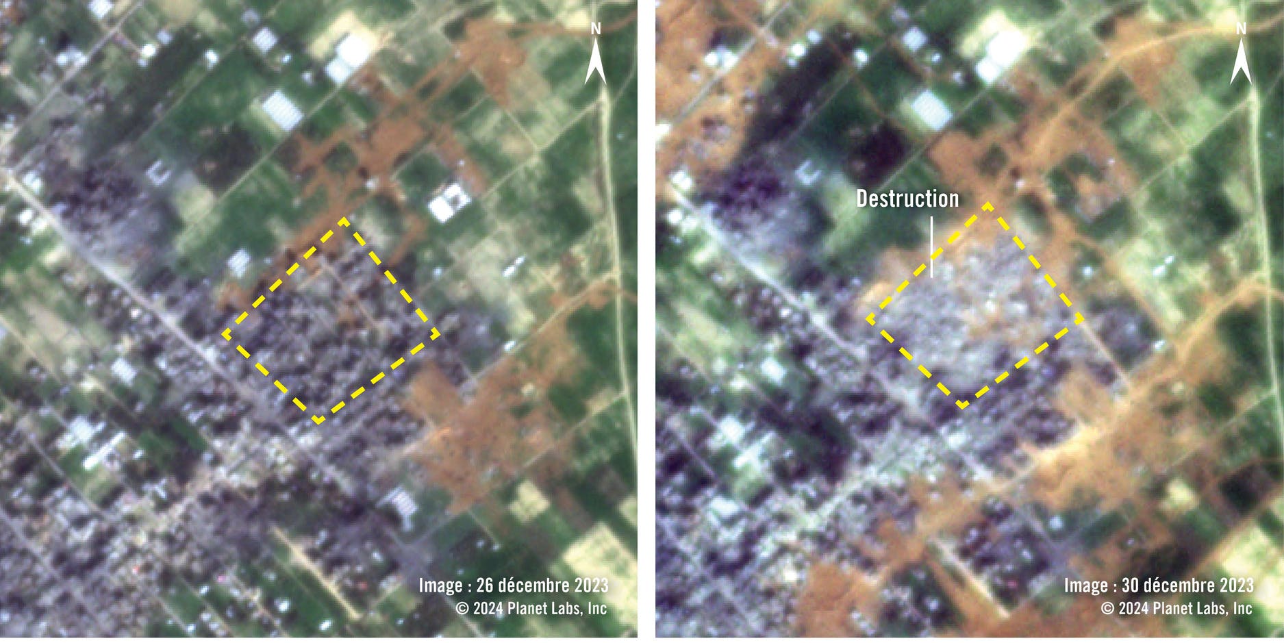 Des images satellites montrent qu’une partie de la ville de Khuzaa a été détruite entre le 26 et le 30 décembre 2023. 