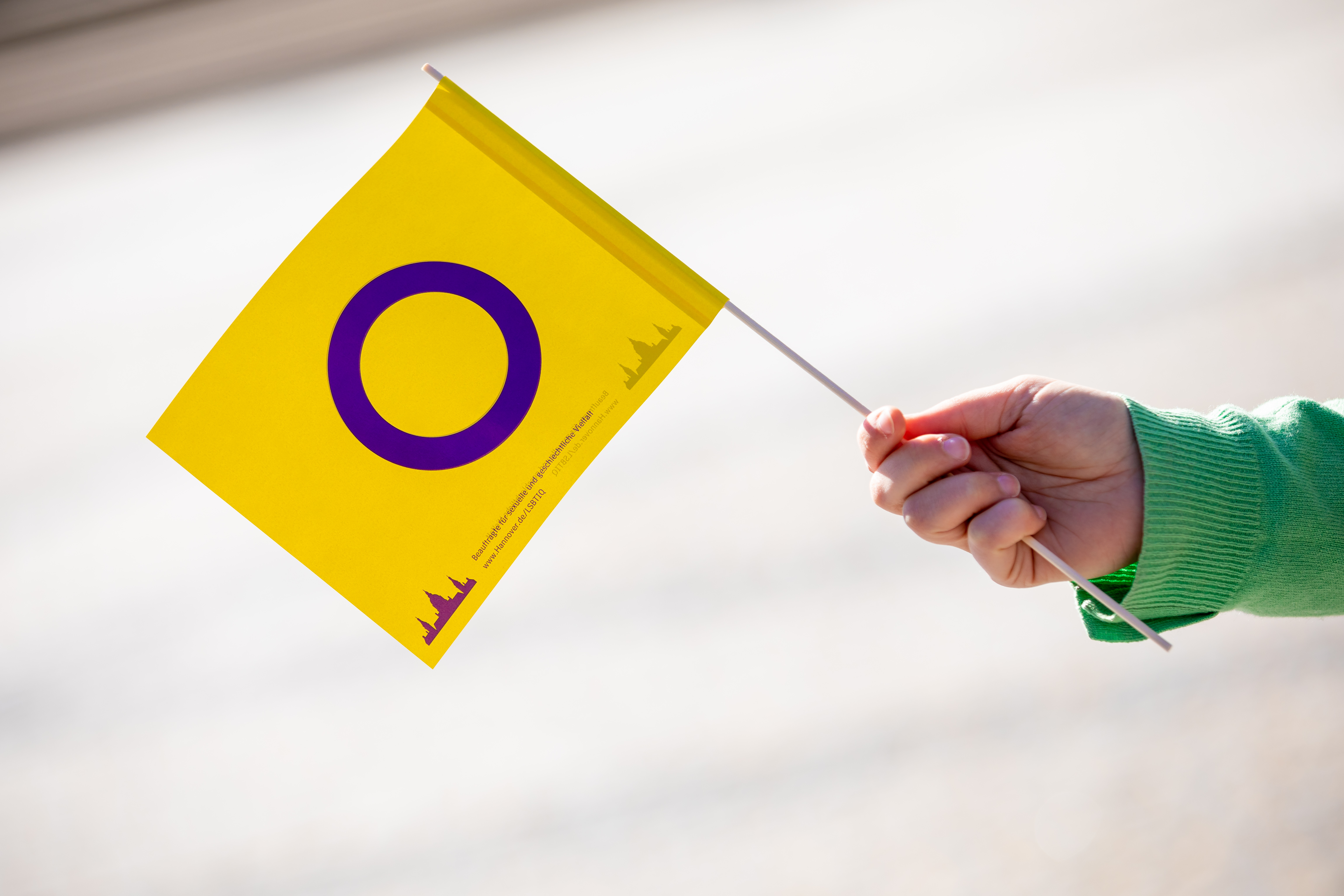 An Inter* Pride flag is presented in front of the New City Hall. The city of Hanover launches a poster campaign to increase the visibility of intersex people in Hanover and Lower Saxony.