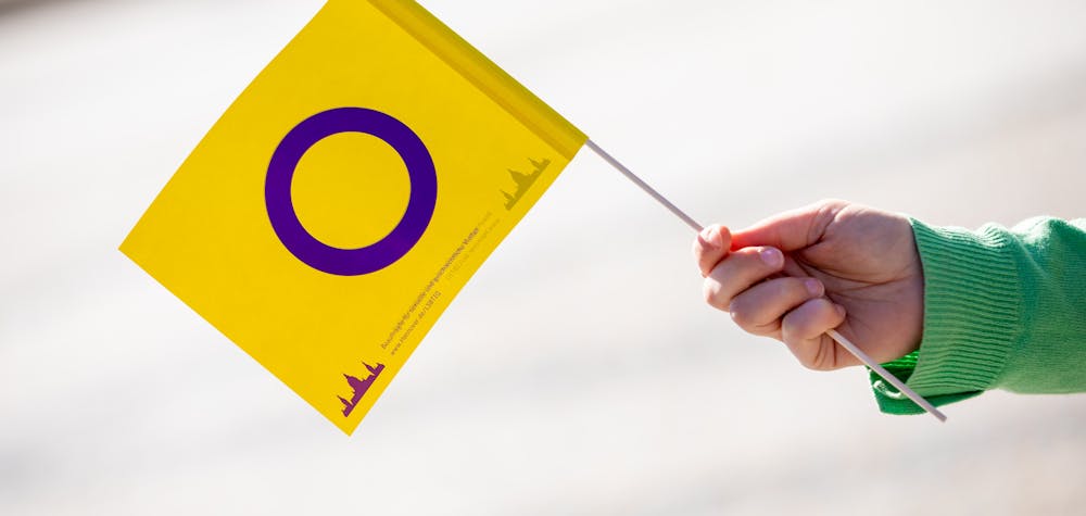 An Inter* Pride flag is presented in front of the New City Hall. The city of Hanover launches a poster campaign to increase the visibility of intersex people in Hanover and Lower Saxony.