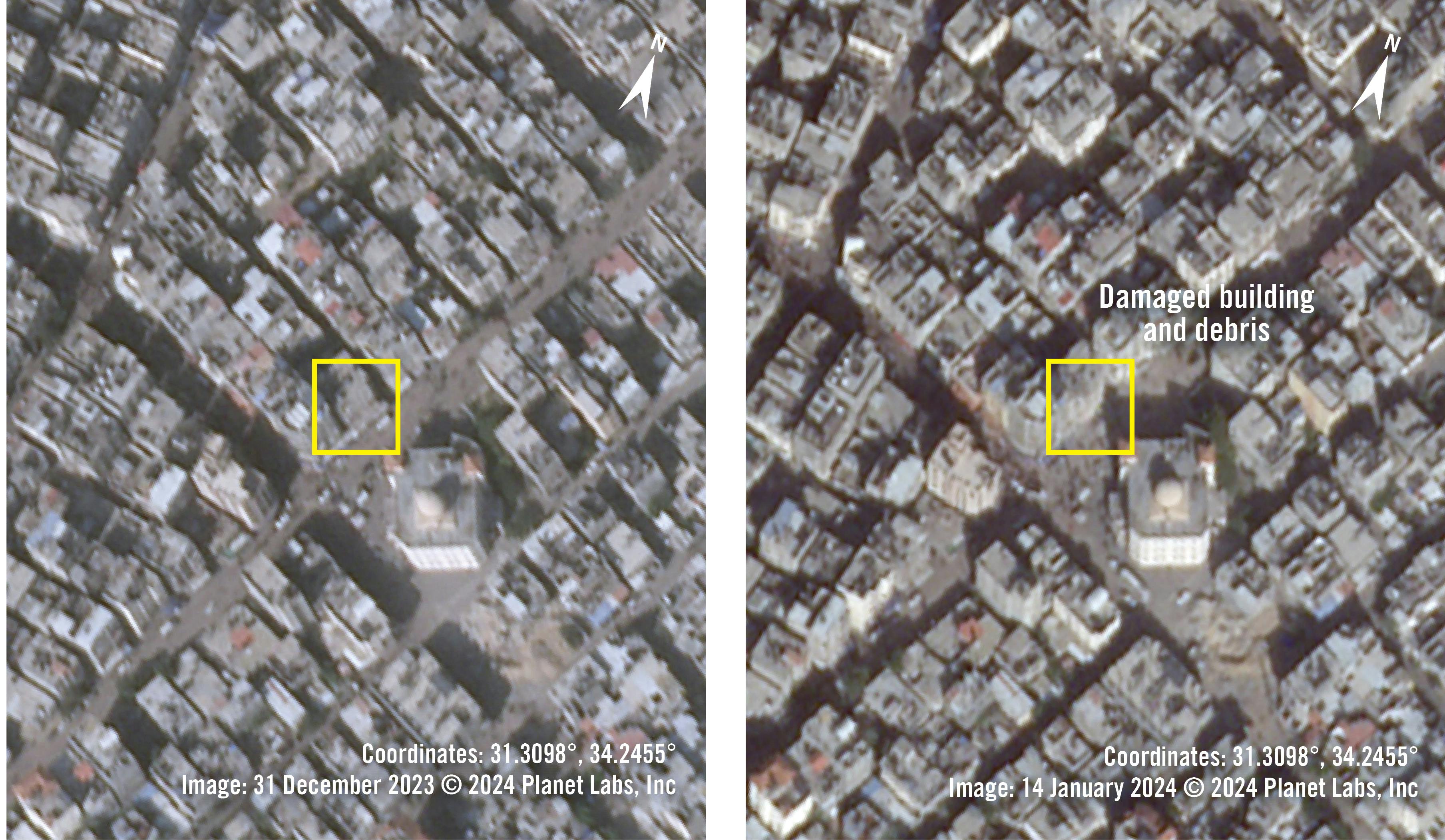 images satellite avant/après la frappe israélienne qui a touché la famille Nofal le 9 janvier àTal Al Sultan à Rafah, chef-lieu du sud de la bande de Gaza