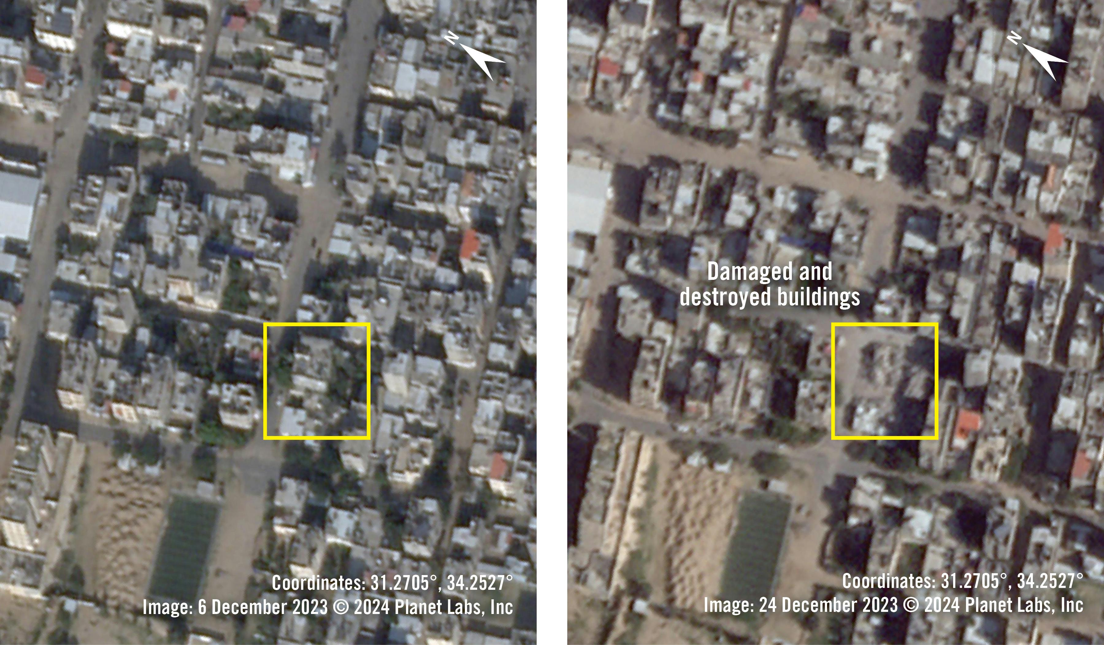 images satellite avant/après la frappe israélienne qui a touché la famille Shehada le 14 décembre dans le quartier Brazil à Rafah,  chef-lieu du sud de la bande de Gaza