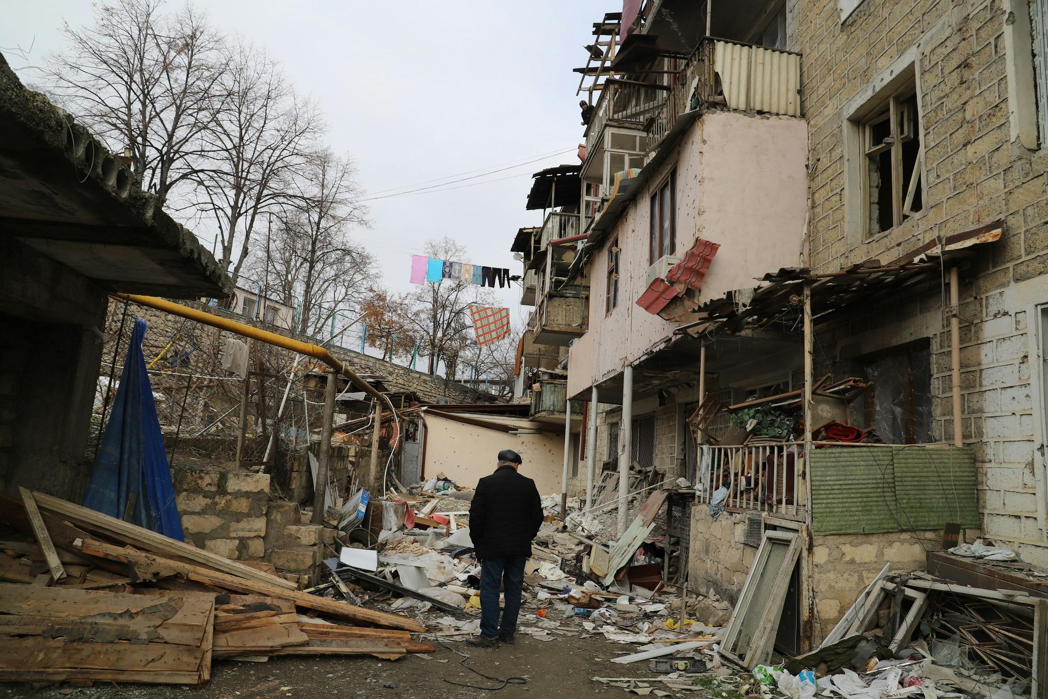  	Damaged building where Arkadi Lalayal was killed by a rocket fired by Azerbaijani forces on 4 October 2020 into STEPANAKERT, which landed in the garden in front of the building. 