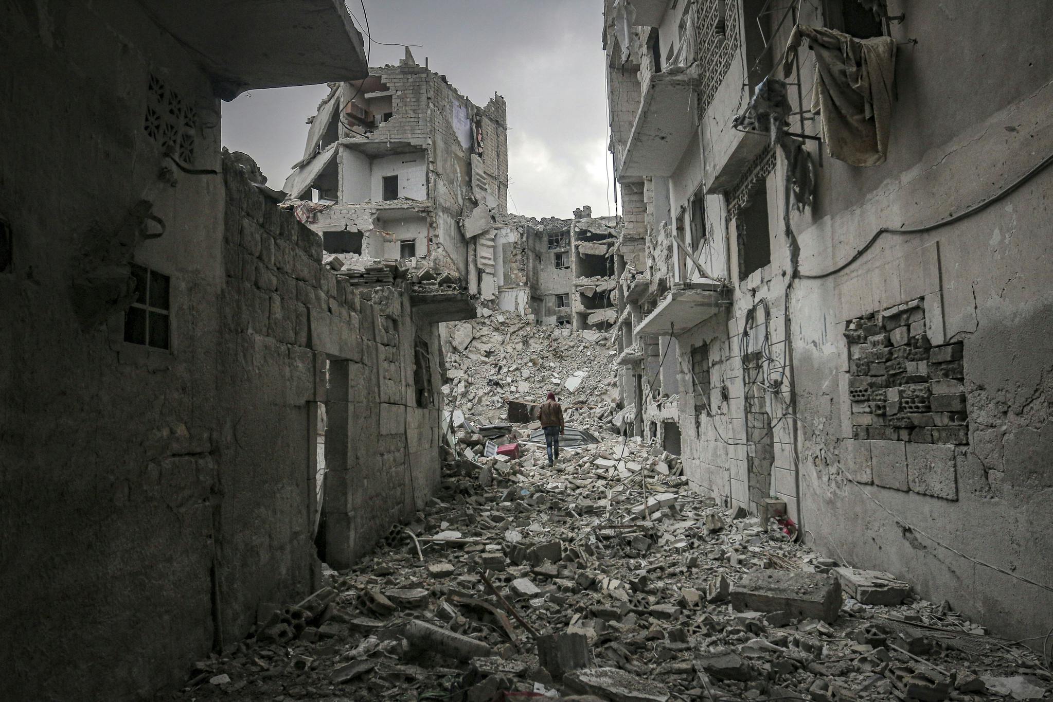  	IDLIB, SYRIA - FEBRUARY 19: Destroyed buildings are seen in Ariha district in Idlib, Syria on February 19, 2020. Ariha district located in south of Idlib has turned into a ghost town while civilians were fleing towards Turkish border due to the attacks of the Bashar al-Assad regime and its supporters. 