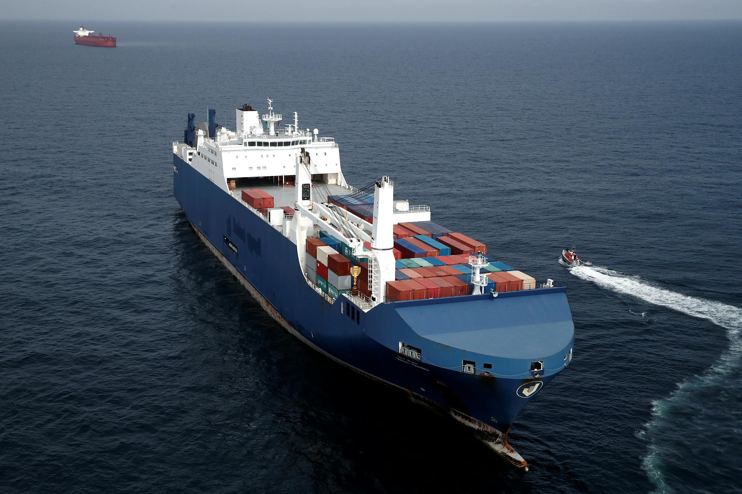 The Bahri-Yanbu, a Saudi Arabian cargo ship, waits to enter in the port of Le Havre, as human rights groups try to block the loading of weapons onto the vessel, France, May 10, 2019. 