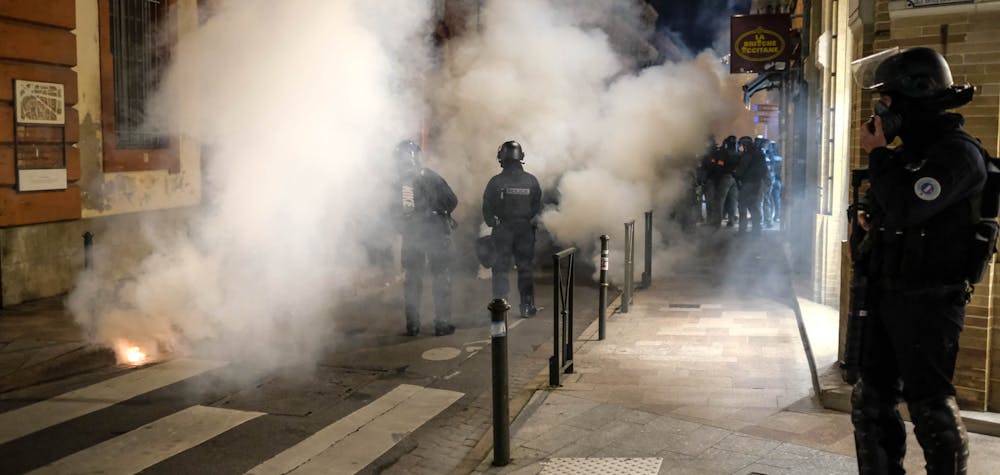 Tear gas and garbage can fires punctuated the demonstration. 3rd demonstration against the "Global Security" law, which article 24 would require the face of the policemen to be blurred in certain circumstances. More broadly, some people are worried about a loss of freedoms and impunity for the police. At the same time, videos highlight police abuses and violences, acts condemned by the president Macron himself. Toulouse (France), November 28, 2020. Photo by Patrick Batard / ABACAPRESS.com