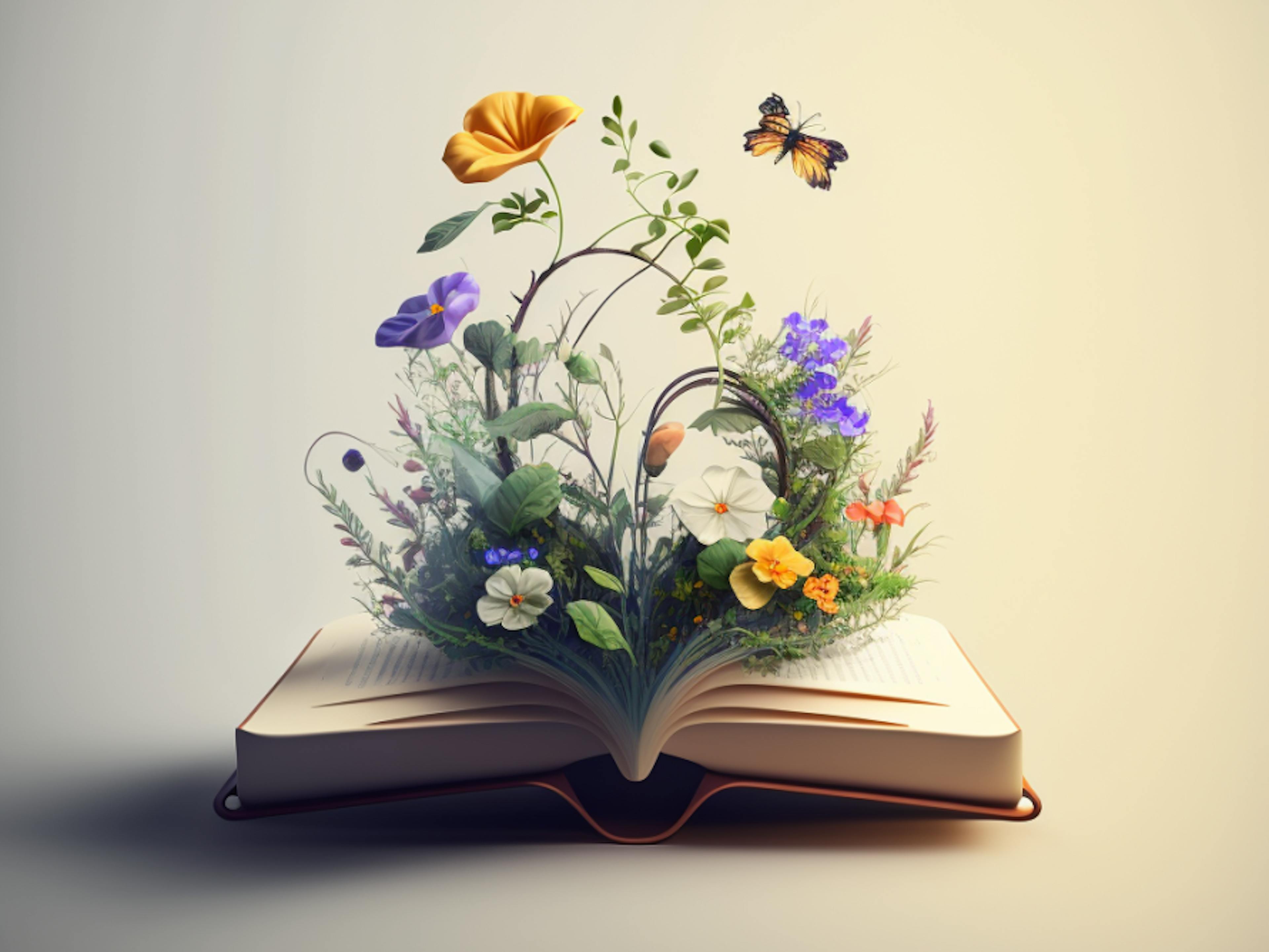An open book lying flat, it's spine facing down. Flowers are growing from the pages and butterflies are flying around the flowers. 