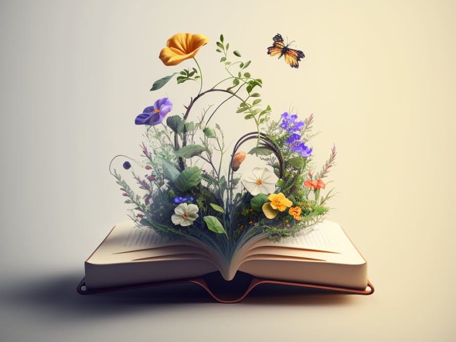 An open book lying flat, it's spine facing down. Flowers are growing from the pages and butterflies are flying around the flowers.