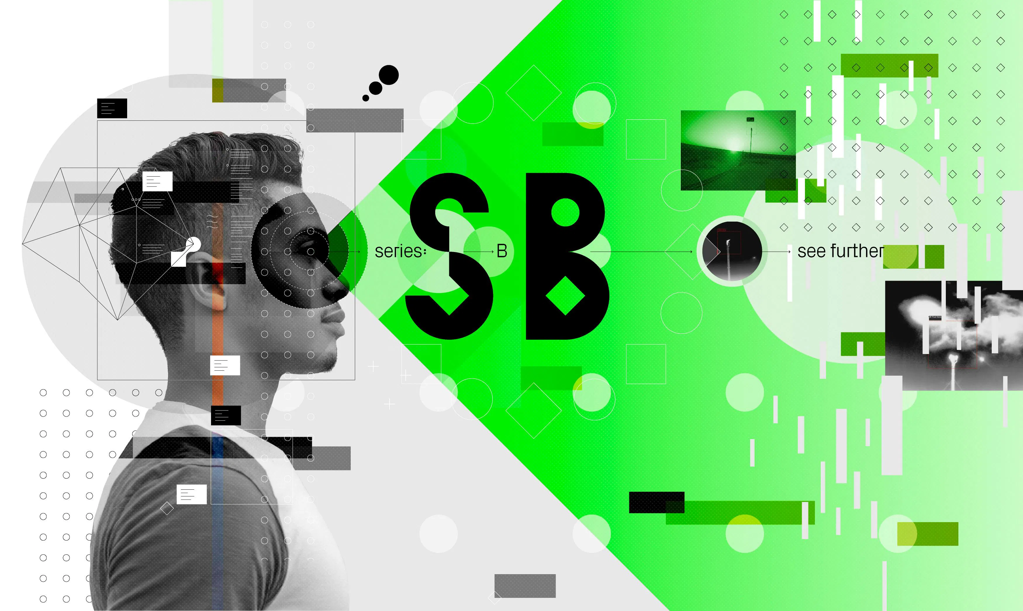 Series B press release hero image of a young man looking ahead surrounded by an illustrative graphic.